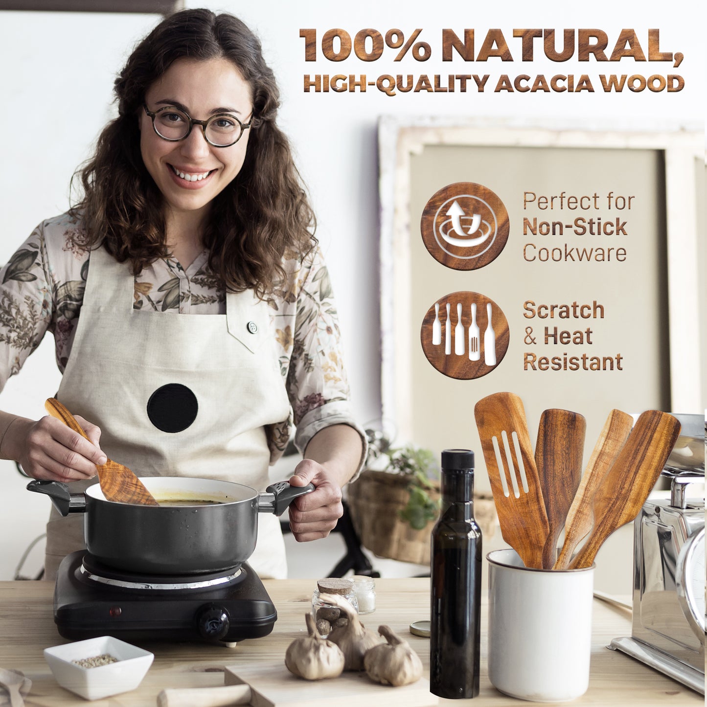 Wooden Spurtle Set Of 5 For Cooking, Acacia Wood Utensils For Kitchen, Heat Resistant Spoon, Non-Stick Tool Sets, Versatile Tools, As Seen On TV Bamboo Spatulas, Premium Utensil Spoons