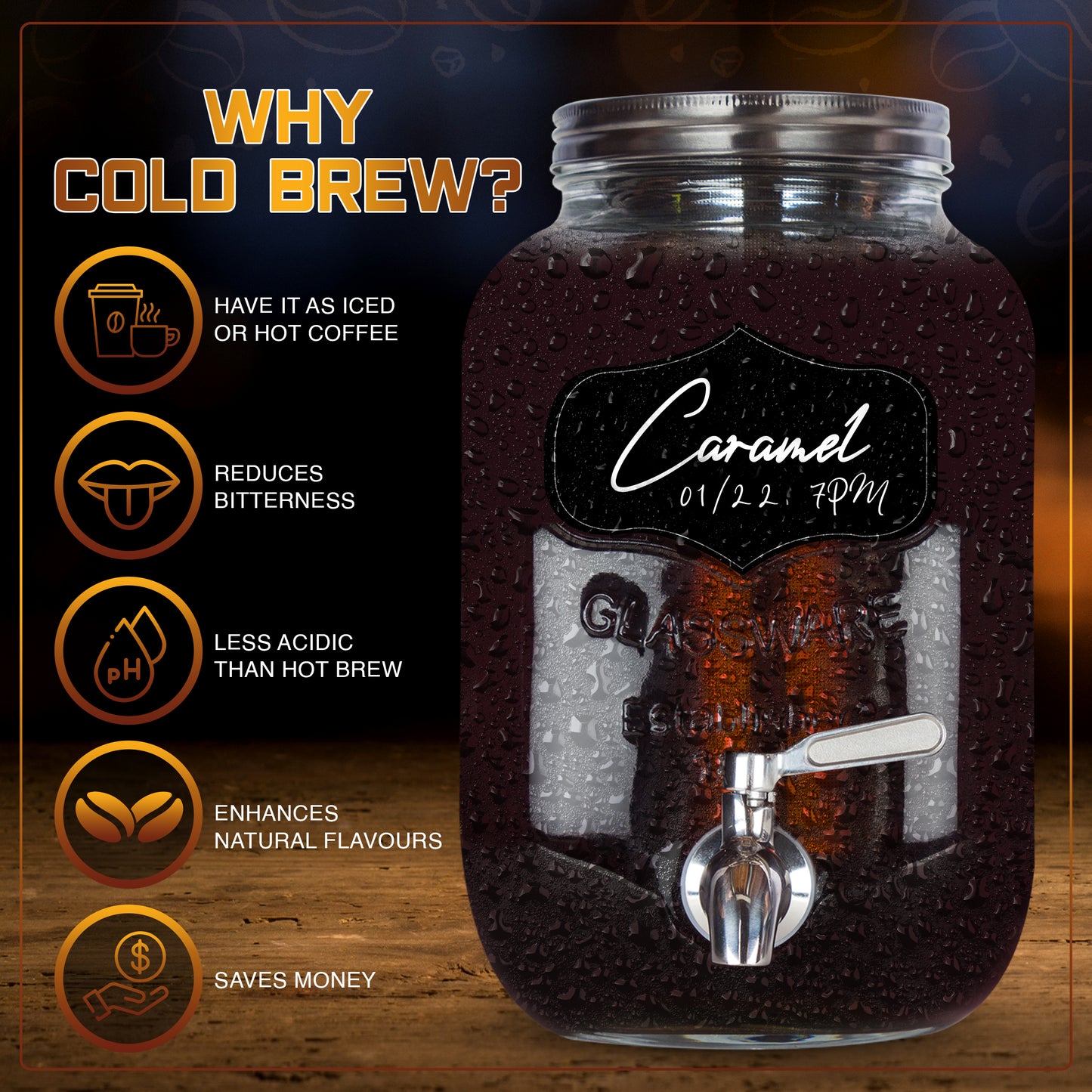 Mason Jar Cold Brew Coffee Maker - 1 Gallon Cold Brew Coffee Maker - Cold Brew Glass Container - Large Pitcher Of Cold Brew On Tap For Ready Coffee Every Morning